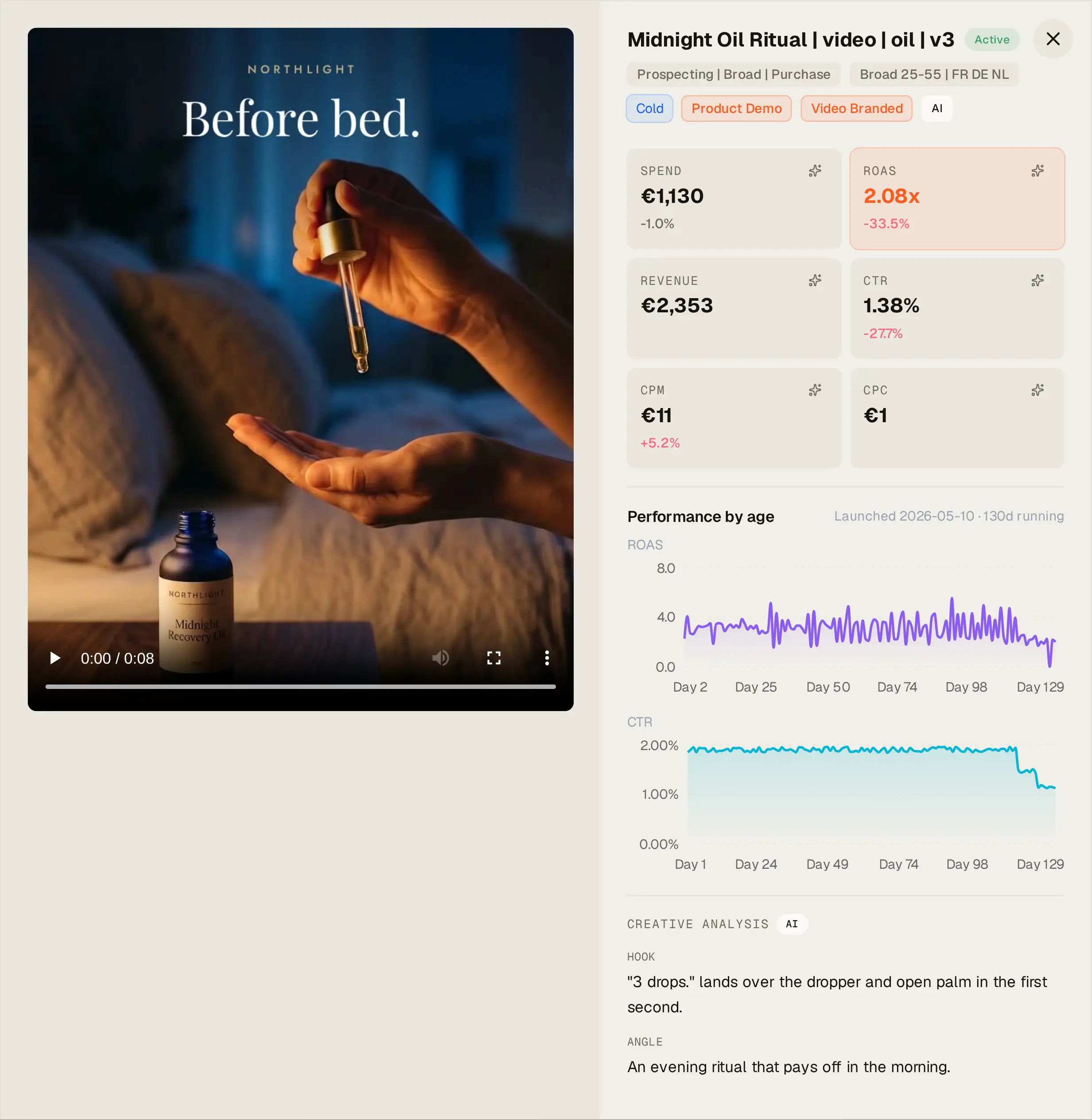 One ad opened: the video, its spend, ROAS, CTR and CPM, and its ROAS and CTR by day since launch.
